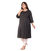 Black capsule floral print A-line kurti for office wear, 3/4th sleeve with buttons, closed slit and side